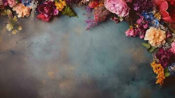 space for text on carpet textured background surrounded by various colorful flowers and florals from top view, background image, AI generated photo