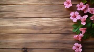 space for text on wooden textured background surrounded by Geranium flowers from top view, background image, AI generated photo