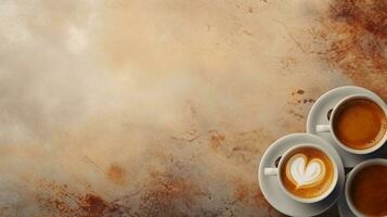 space for text on textured background surrounded by hot coffees from top view, background image, AI generated photo