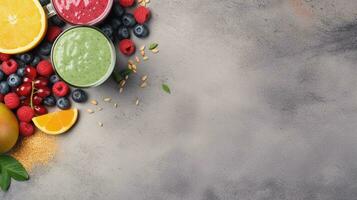 space for text on textured background surrounded by delicious smoothies from top view, background image, AI generated photo