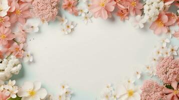 space for text on pastel background surrounded by spring trees and florals from top view, background image, AI generated photo