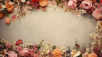 space for text on carpet textured background surrounded by various colorful flowers and florals from top view, background image, AI generated photo