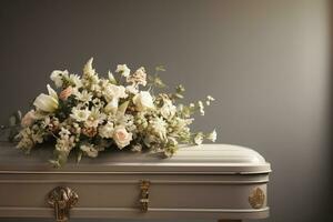 White coffin with flowers. The concept of funeral. AI generated photo