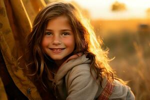 retrato de linda pequeño niña a cámara mientras en pie cerca cámping tienda a puesta de sol ai generado foto