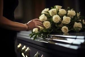 Closeup of a woman's hand placing a bouquet of white roses in a coffin.Funeral Concept AI generated photo