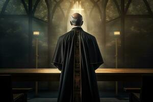 Rear view of priest looking at church interior. Religion concept. AI generated photo