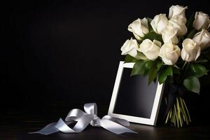 White roses with ribbon and photo frame on black background.Funeral Concept AI generated