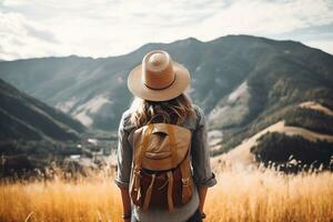 Young woman with backpack hiking in the mountains. Travel and adventure concept. AI generated photo