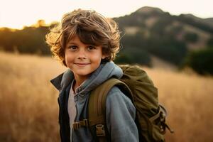 retrato de un linda chico mirando a cámara mientras cerca su tienda en naturaleza ai generado foto