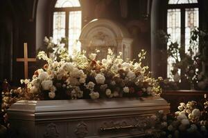 Beautiful flowers in a coffin at a funeral AI generated photo