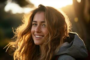 Portrait of girl looking at camera while near camping tent at sunset AI generated photo