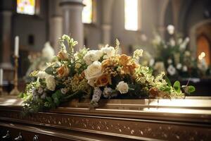 Beautiful flowers in a coffin at a funeral AI generated photo