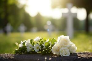 white flowers in front of a gravestone at a cemetery with sunset.Funeral Concept AI generated photo