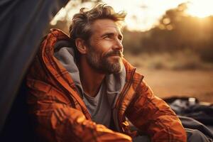 Portrait of man looking at camera while near camping tent at sunset AI generated photo