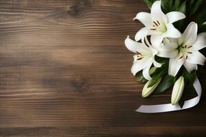 White lily flowers on wooden background. Top view with copy space.Funeral Concept AI generated photo