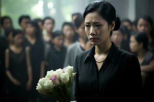 Asian woman in mourning at a funeral, shallow depth of field.Funeral Concept AI generated photo