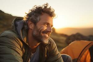 Portrait of man looking at camera while near camping tent at sunset AI generated photo