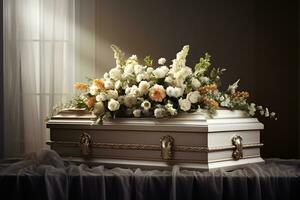 White coffin with flowers. The concept of funeral. AI generated photo