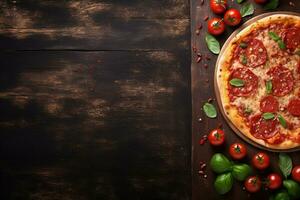 Pepperoni pizza on a Dark background. Top view with copy space. AI generated photo