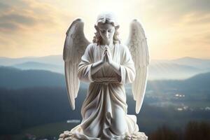 Angel statue with sunrise in the background, religion and spirituality concept. AI generated photo