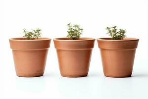 Empty clay flower pots isolated on white. Generate Ai photo