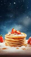 Textured background surrounded by delicious pancake, background image, vertical format, generative AI photo