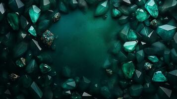 space for text on textured background surrounded by beautiful emeralds, background image, generative AI photo