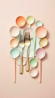 Pastel background surrounded by plates spoons and forks from top view, background image, vertical format, generative AI photo
