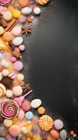 Textured background surrounded by sweets and candies from top view, background image, vertical format, generative A photo