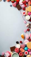 Textured background surrounded by sweets and candies from top view, background image, vertical format, generative A photo