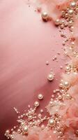 Textured background surrounded by beautiful pearls, background image, vertical format, generative AI photo