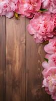 Wooden background surrounded by Peony flowers from top view, background image, vertical format, generative AI photo