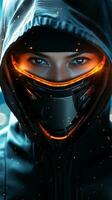 amazing futuristic ninja portrait with space for text, background image, vertical format, generative AI photo