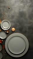 Textured background surrounded by decorative plates, background image, vertical format, generative AI photo