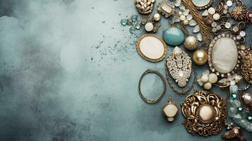 space for text on textured background surrounded by Vintage and Antique Jewelry, background image, generative AI photo