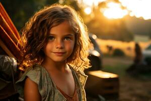 retrato de linda pequeño niña a cámara mientras en pie cerca cámping tienda a puesta de sol ai generado foto