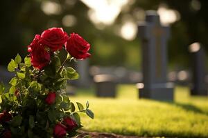 Red roses on a grave at a cemetery during the sunset with copy space AI generated photo