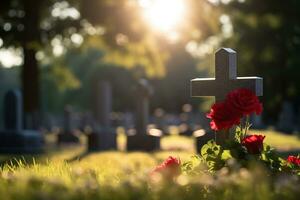 Red roses on a grave at a cemetery during the sunset with copy space AI generated photo