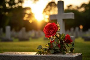 rojo rosas en un tumba a un cementerio durante el puesta de sol con Copiar espacio ai generado foto