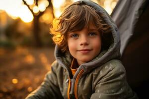 Portrait of a cute boy looking at camera while near his tent in nature AI generated photo