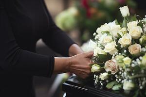 Closeup of a woman's hand placing a bouquet of white roses in a coffin.Funeral Concept AI generated photo