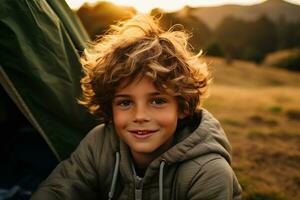 Portrait of a cute boy looking at camera while near his tent in nature AI generated photo