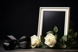 White roses with ribbon and photo frame on black background.Funeral Concept AI generated