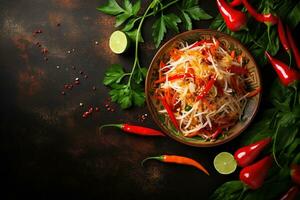 Thai food Som tum, Spicy green papaya salad.Top view AI generated photo