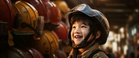 retrato de contento asiático chico vistiendo bombero uniforme con fuego camión en antecedentes ai generado foto