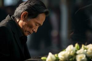 Elderly asian man with funeral sorrow and flowers in church AI generated photo