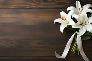 White lily flowers on wooden background. Top view with copy space.Funeral Concept AI generated photo