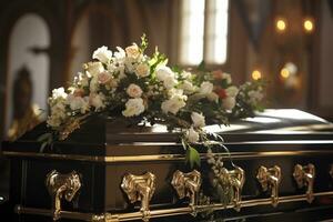 closeup shot of a casket in a hearse or chapel before funeral or burial at cemetery AI generated photo