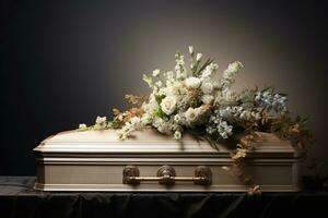 White coffin with flowers. The concept of funeral. AI generated photo