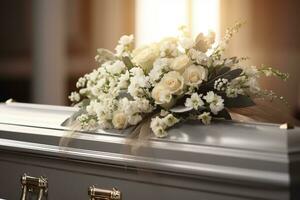 White coffin with flowers. The concept of funeral. AI generated photo